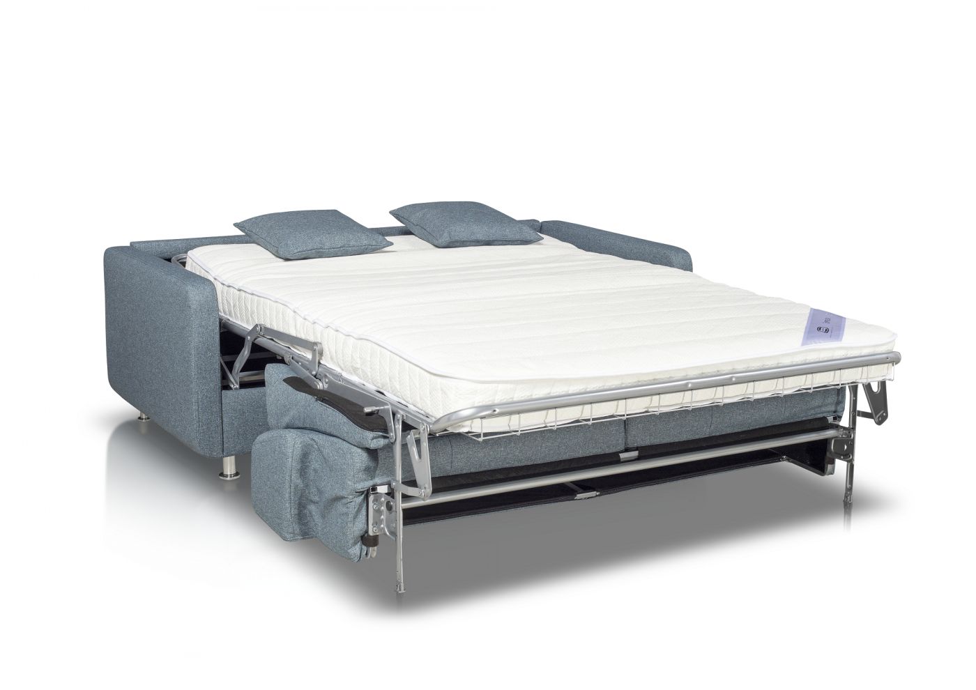 CIRCE Canapé convertible 3 places bleu jean matelas Simmons 140cm