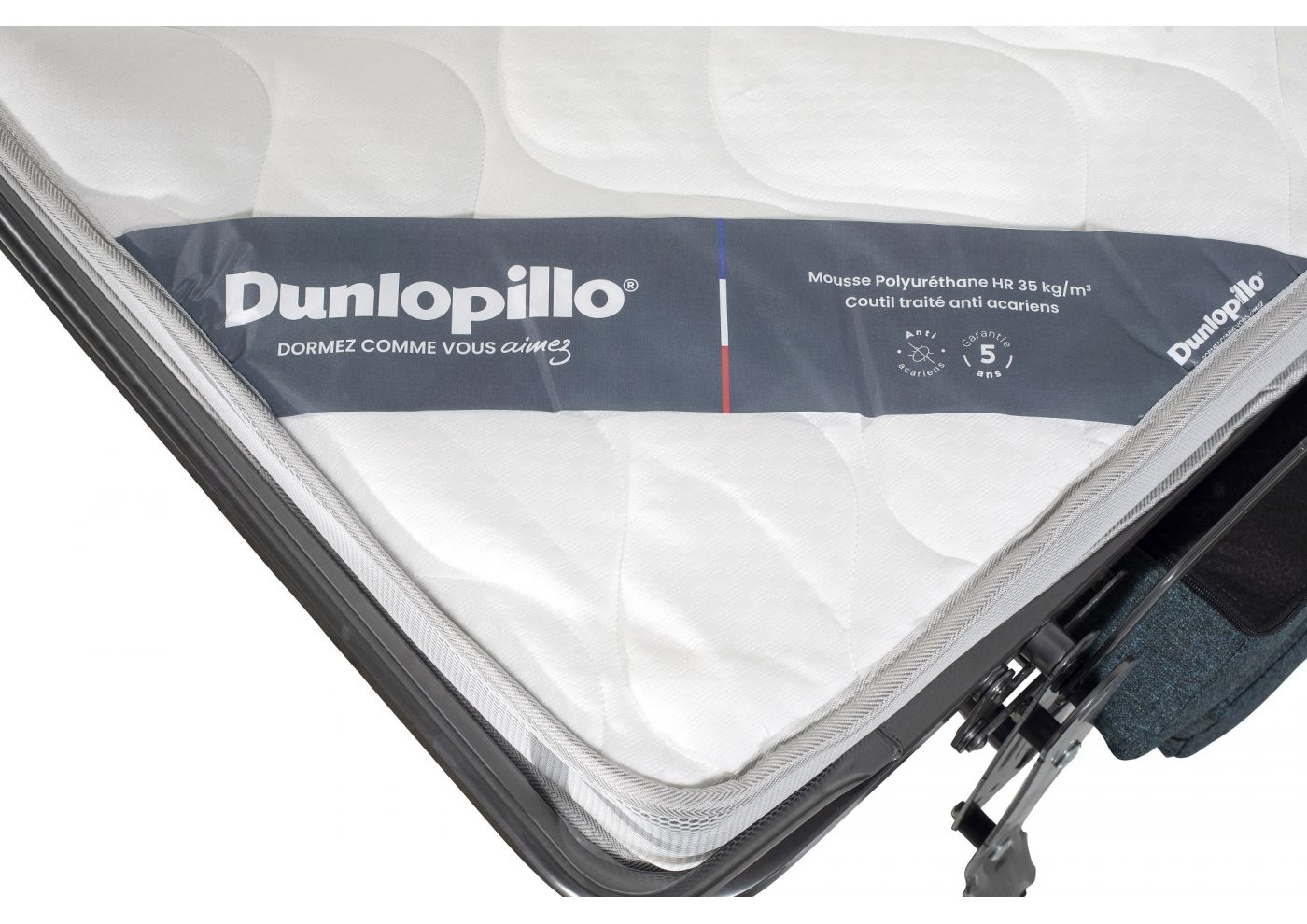 ULYSSE Canapé convertible Rapido 3 places bleu matelas Dunlopillo 140 cm 