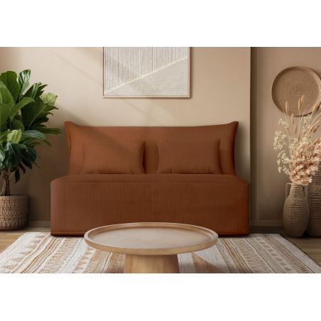 LUNA Banquette BZ velours côtelé terracotta matelas DUNLOPILLO 140 cm