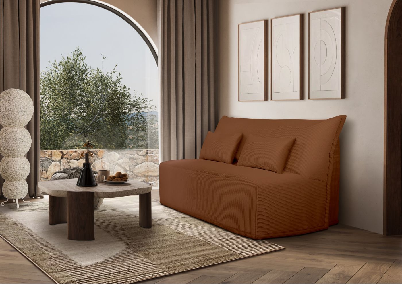 LUNA Banquette BZ velours côtelé terracotta matelas DUNLOPILLO 140 cm