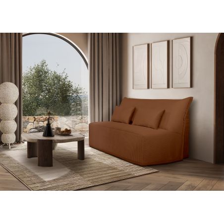 LUNA Banquette BZ velours côtelé terracotta matelas DUNLOPILLO 140 cm